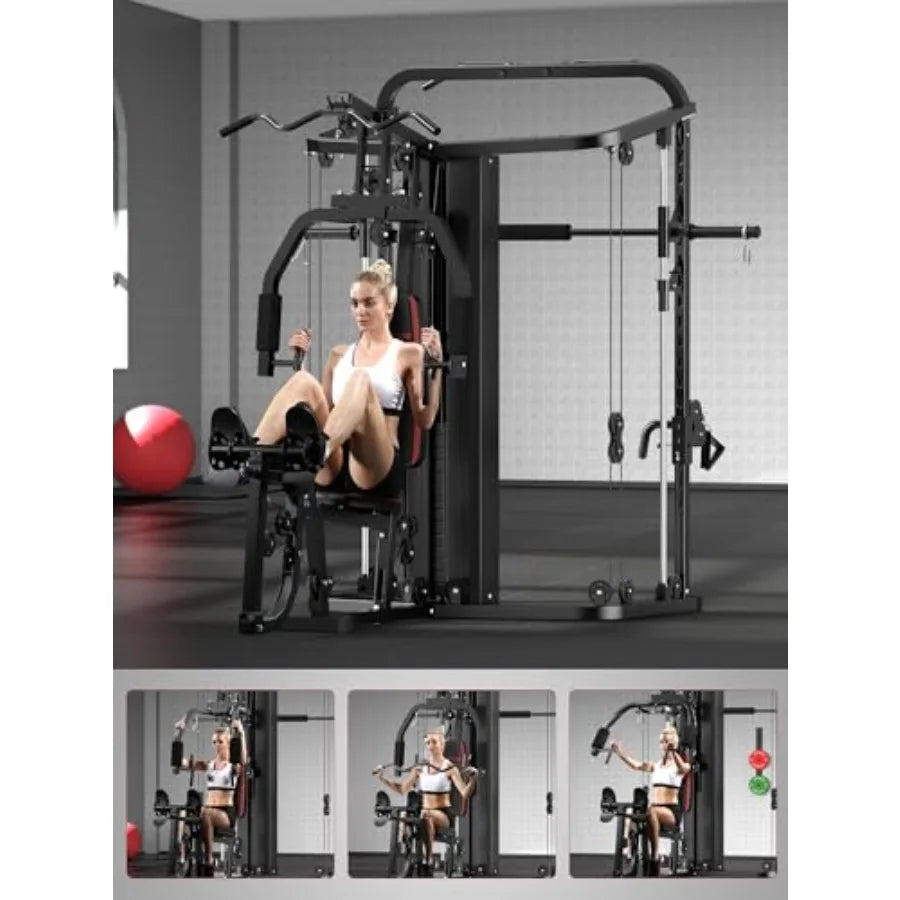 Multifunction Home Gym Equipment Workout Station Smith Machine with 138LB Weight Stack Leg Press LAT Station for Full Body Trai