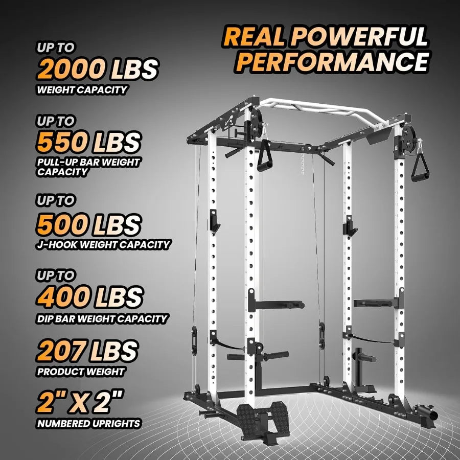 Power Cage 2000 LBS MultiFunction Power Rack with LAT Pull Down Pulley System Strength Training Squat Rack with Cable CrossOver