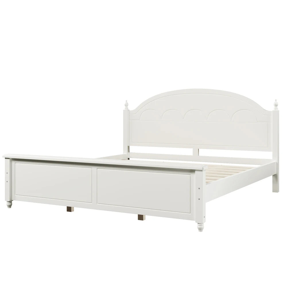 King size Wooden Bed Frame with Arched Headboard and Classic Design,White