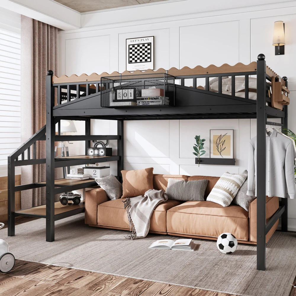 Full Size Loft Bed with Storage Stairs, Metal Loft Beds Frame with Storage Shelves and bookshelf,Black