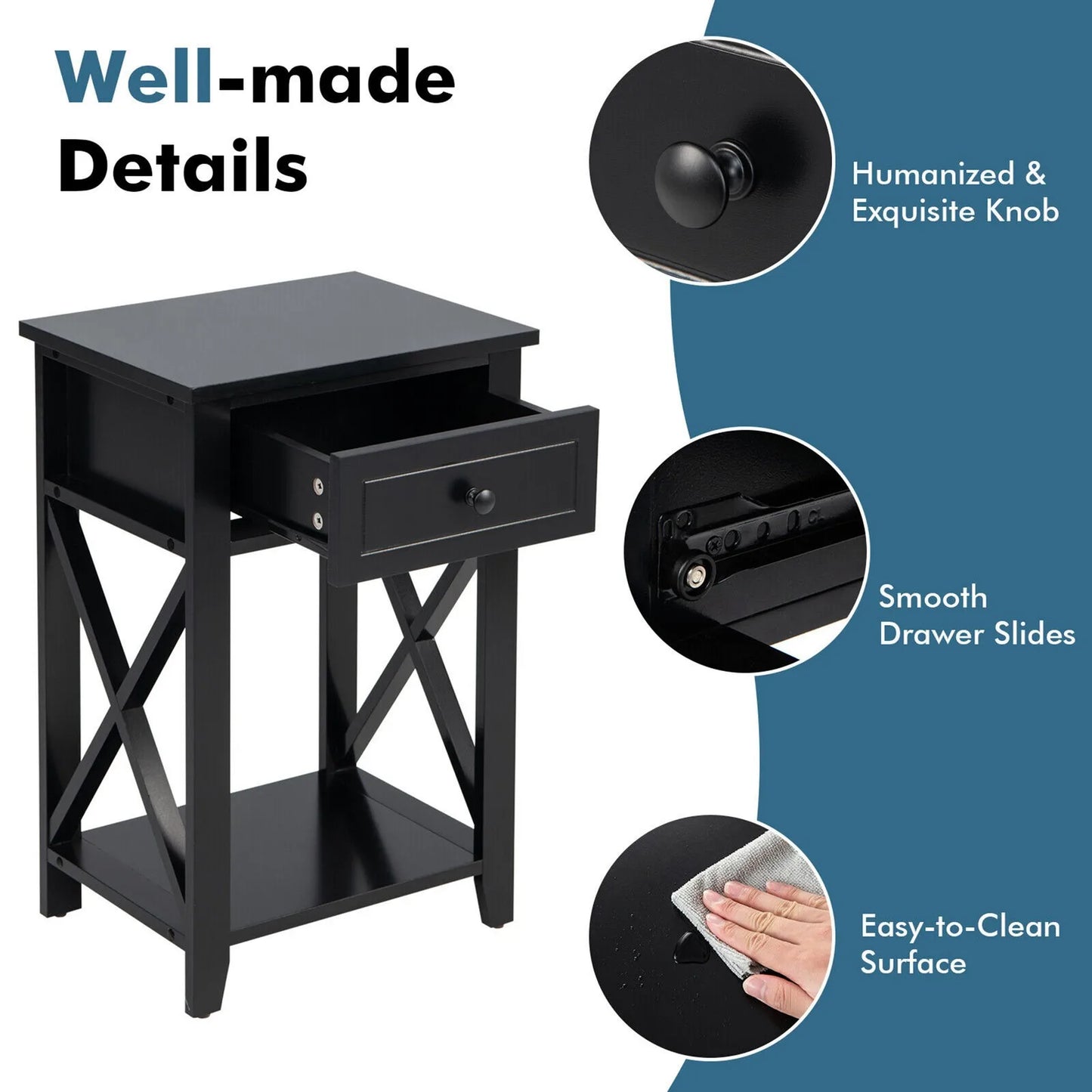Nightstand Sofa Side End Table X-Design w/ Shelf Drawer Black