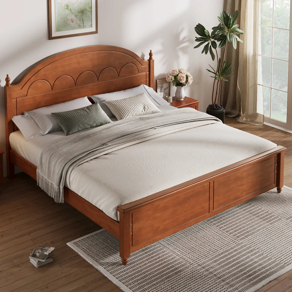King size Wooden Bed Frame with Arched Headboard and Classic Design,Oak