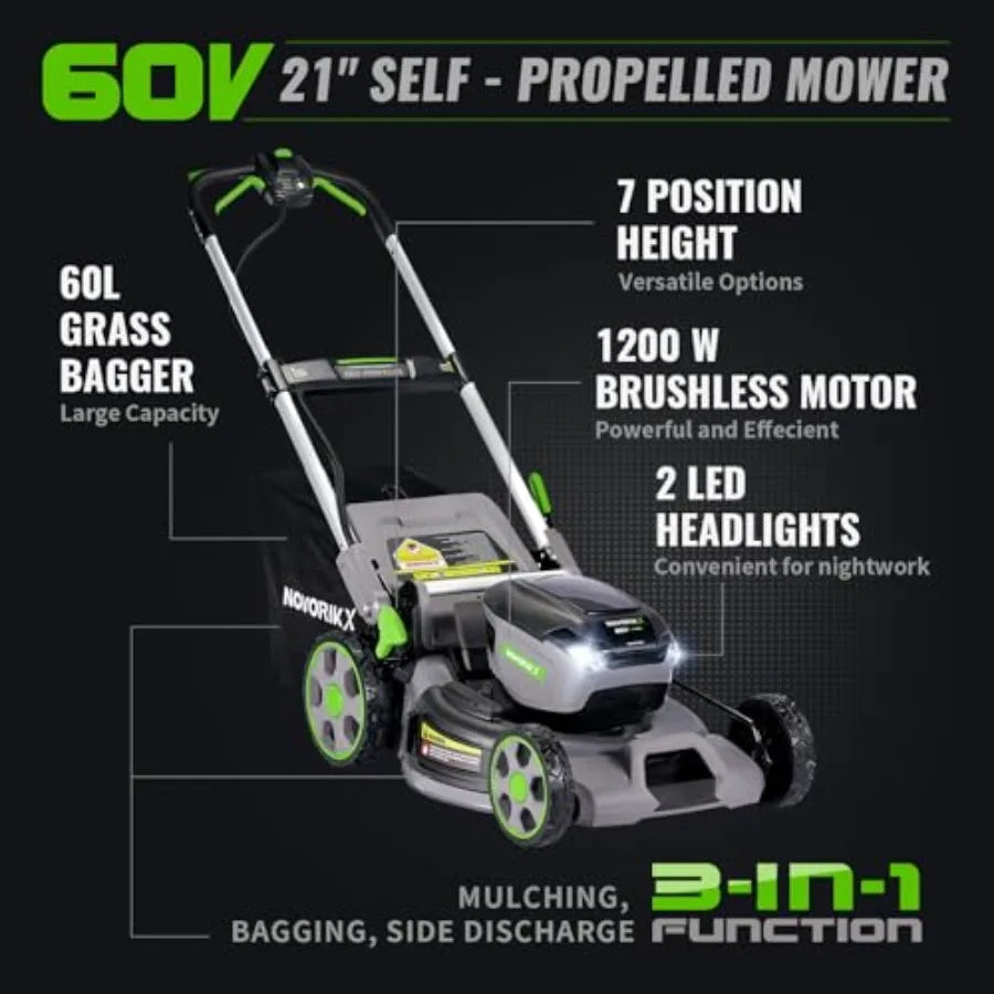 Electric Lawn Mower Self-Propelled Lawn Mower Cordless 60V 21 65 Min Long Runtime with 5.0Ah Battery Rapid Charger and LED Head
