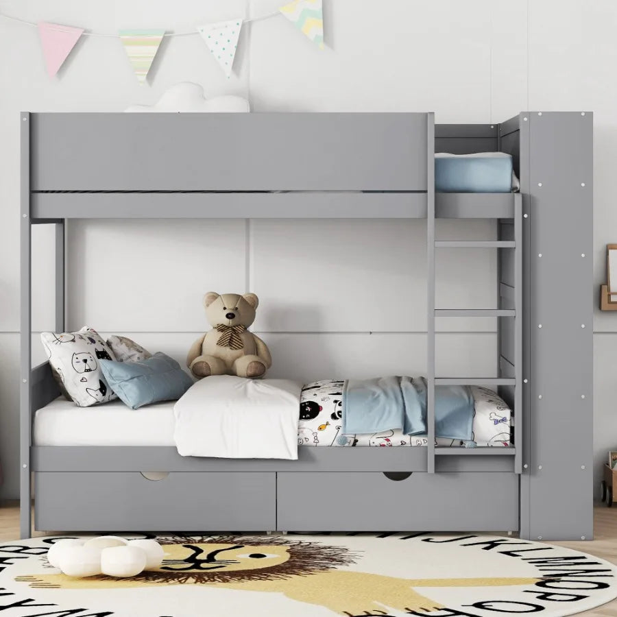 Twin over Twin Bunk Bed With 2 Drawers and Multi-layer Cabinet Gray