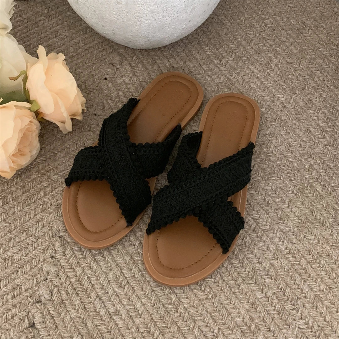 2024 Fashion Women Sandals Ladies Flat Roma Heels Knitted Summer Sandals Outside Cross Tied Leather Female Slides Woman Sandals