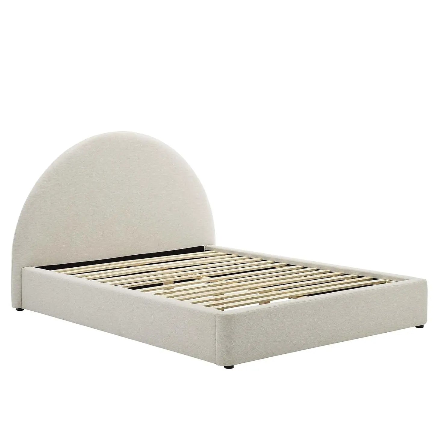 Queen Platform Bed Arch Round Upholstered Headboard Heathered Weave Ivory Fabric Cloud Frame Wood Slats No Box Spring, Custom