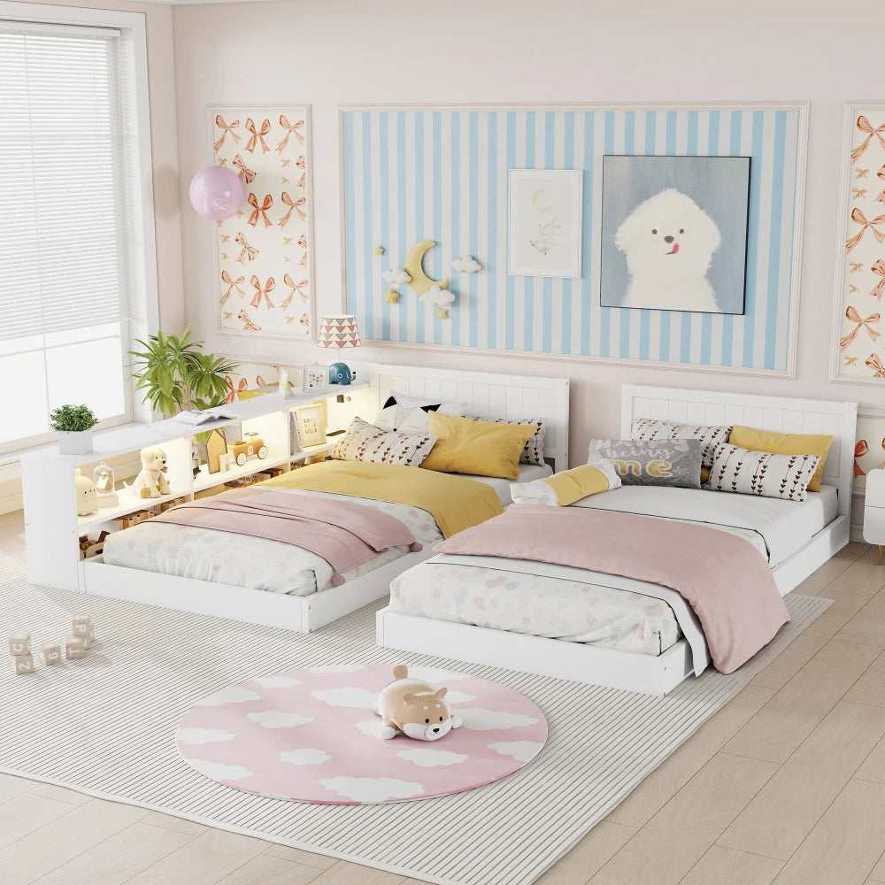 Double Twin Size Bed Frame with Storage,Twin Floor Bed with Light & Charging Station, Convertible 2 Twin Beds for 2 Kids,White