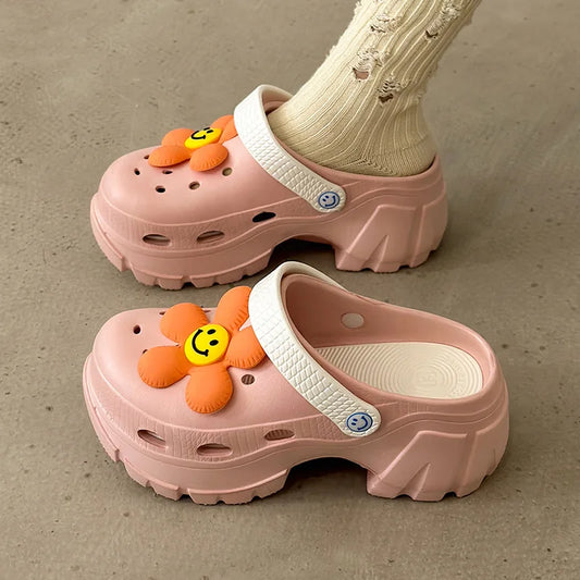 Women Beach Sandal Summer Half Slipper Girl Super Thick Bottom Hole Sandal EVA Female External Wear 7CM Height Increase Shoes