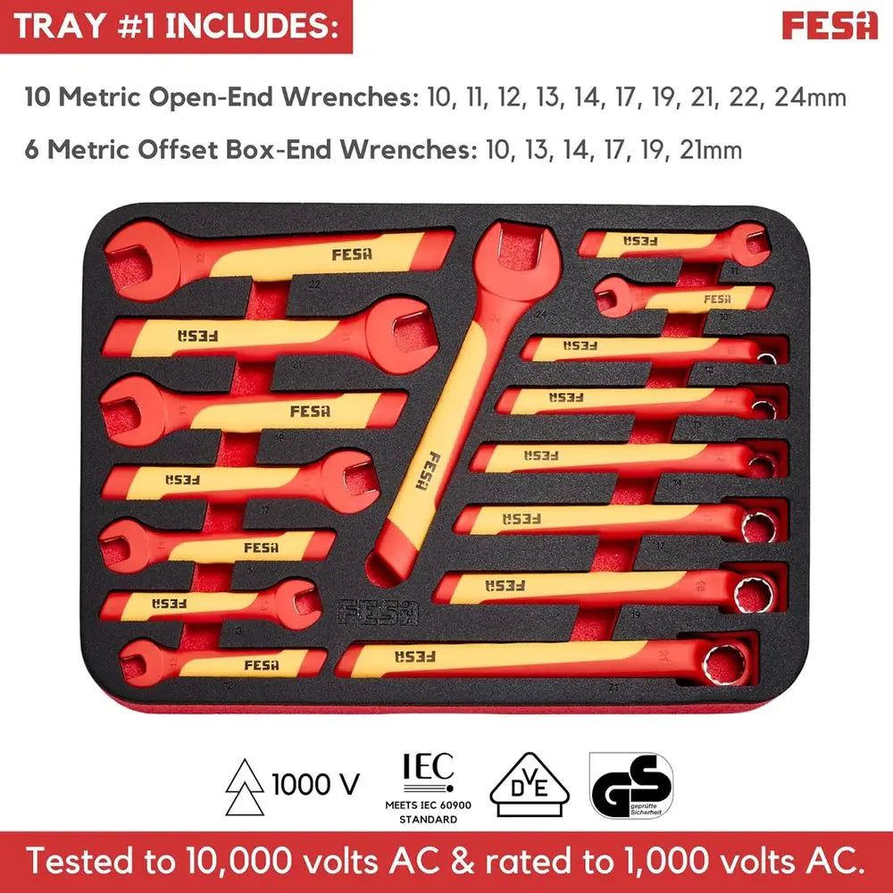 Electrician Insulated Tool Set - 50-Piece 1000V Insulated Tool Kit with a Rolling Tool Case, Screwdrivers, Open & Box End Wrench