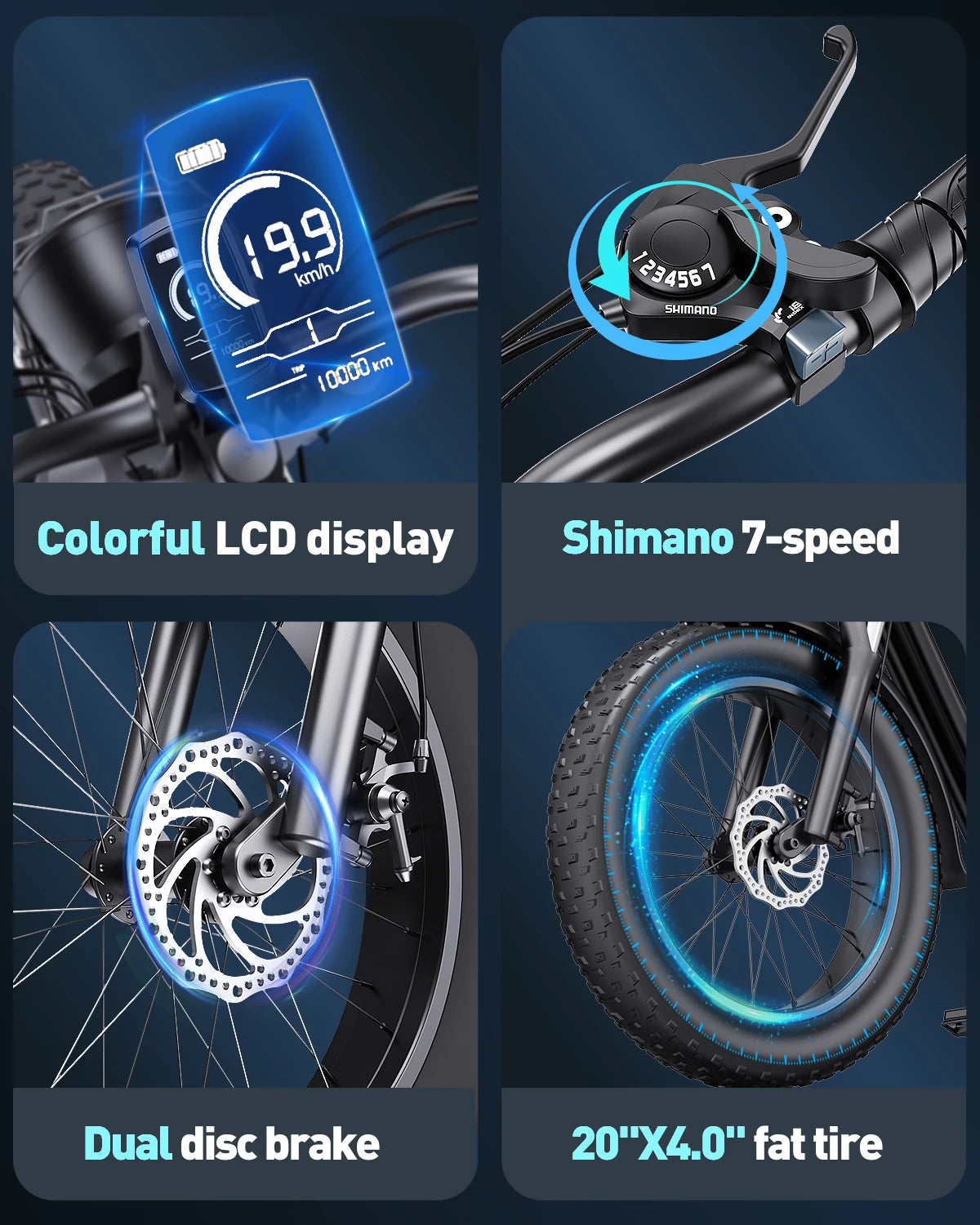 Electric Bike for Adults 3000W 1500W 32MPH 48V 23AH Max 75Miles Electric Motorcycle 20" Fat Tire Dirt Bike Shamano 7-Speed EBike