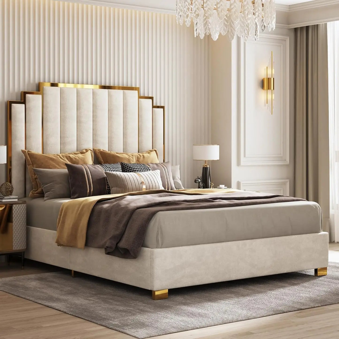 AMERLIFE King Size Upholstered Bed, Modern Velvet Bed Frame with 65.4” Tall Gold Trim Headboard, No Box Spring Needed, Cream