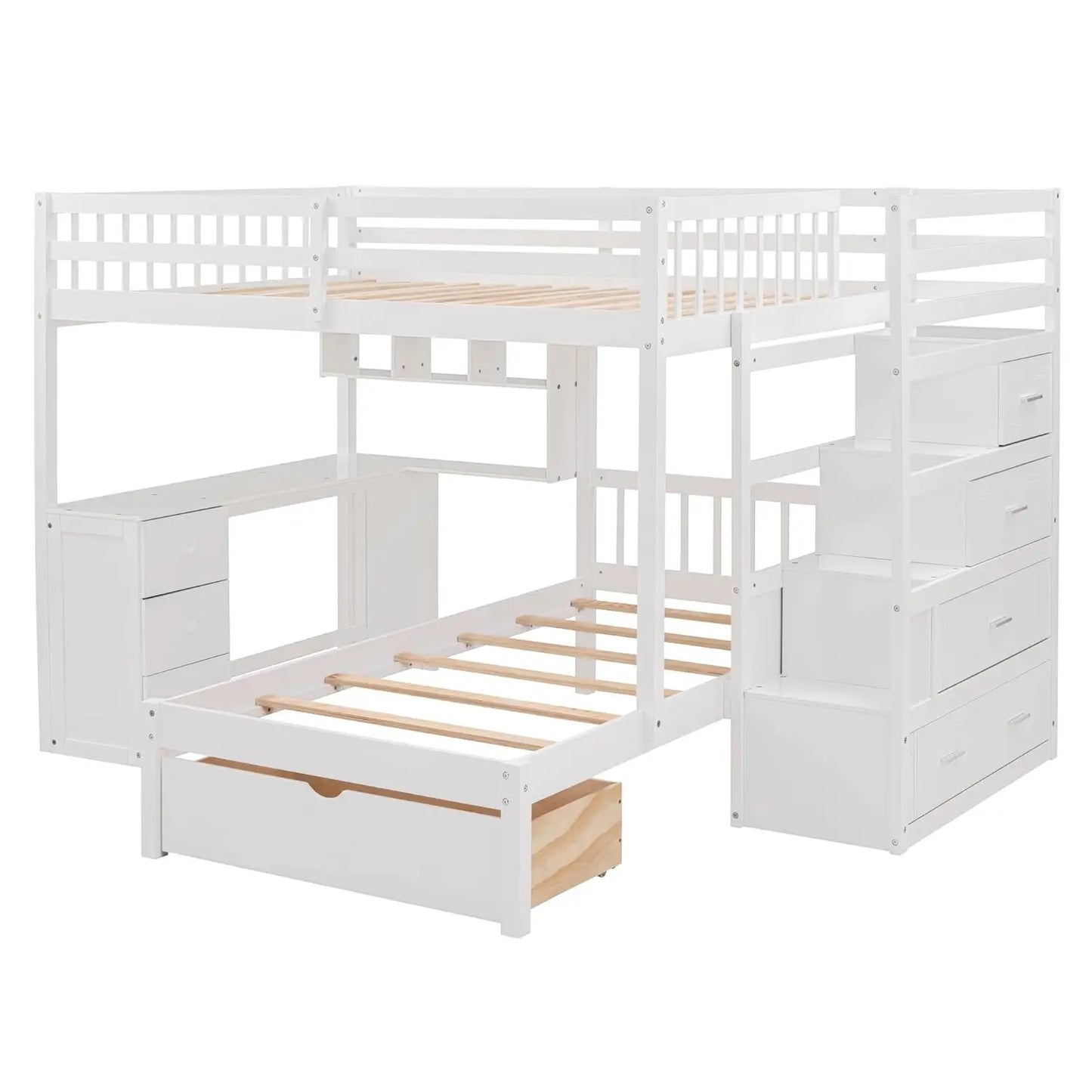 Full Over Twin Bunk Bed with Desk, Drawers and Shelves, L Shaped Wood Bunk Bed Frame with Storage Staircase and, Customized