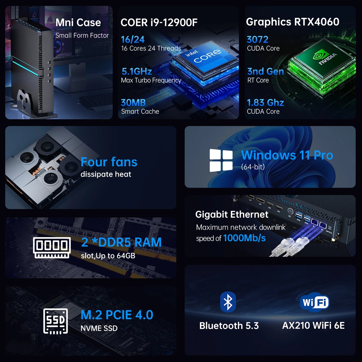 New Msecore MV300 Intel Core 12th Gen I9-12900F RTX4060 8G Graphic Card Mini PC Gamer Desktop Computer Windows 11 WiFi6 BT5.3