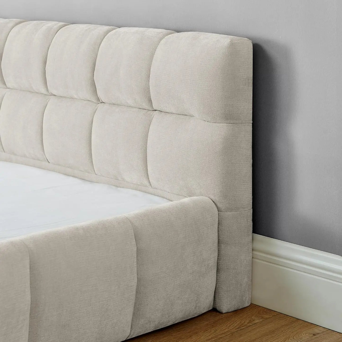 Modern Grounded Chenille Bed Frame, Low Profile Upholstered Platform Bed with Inset Design, No Box Spring Needed, Quiet & Sturdy