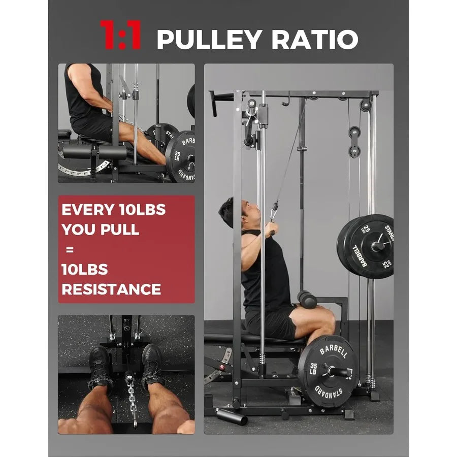 Smith Machine Home Gym Power Cage 1:1 Ratio Strength Trainer (Space Saving Design) (with 8 Free Attachments) Squat Rack for Ful