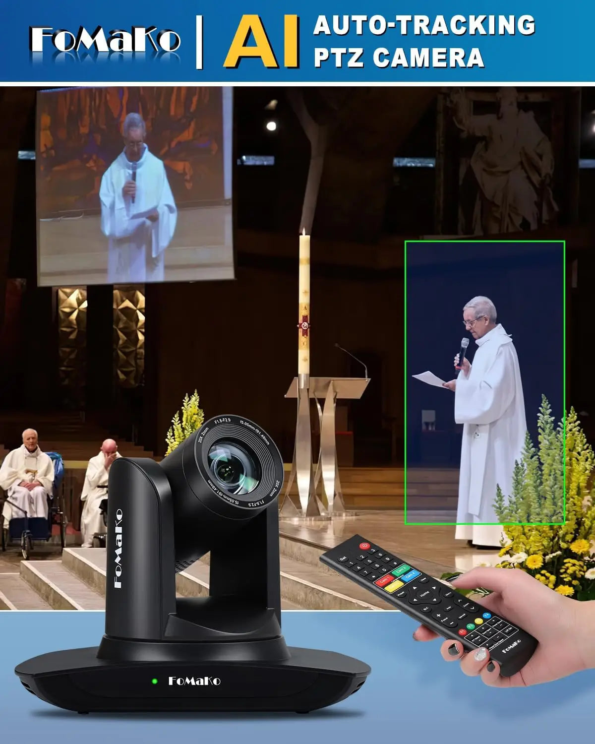FoMaKo AI Auto Tracking HDMI PTZ Camera, 20x Optical Zoom(3pcs), M3 Video Mixer Switcher+KC608 NDI PTZ Controller for Church