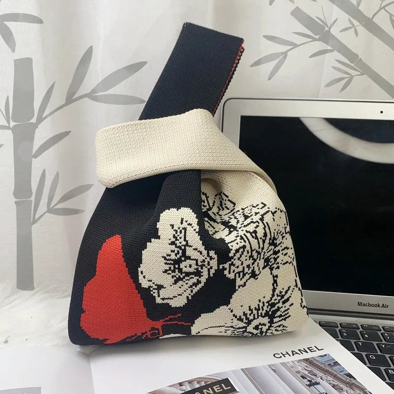 Women'S Knot Wrist Bag Tote Handmade Knitted Bag Portable Mini Striped Bucket Phone Bags Large Capacity Spring Summer Handbags