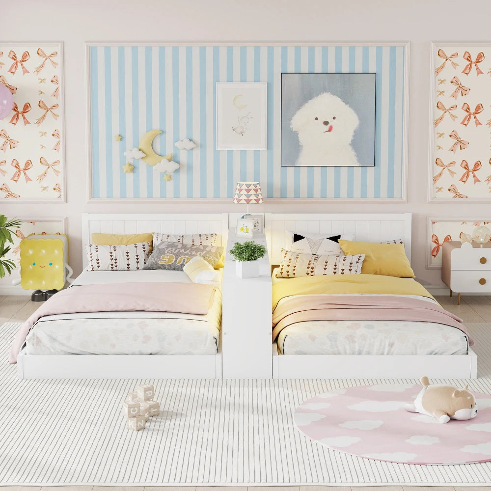 Double Twin Size Bed Frame with Storage,Twin Floor Bed with Light & Charging Station, Convertible 2 Twin Beds for 2 Kids,White