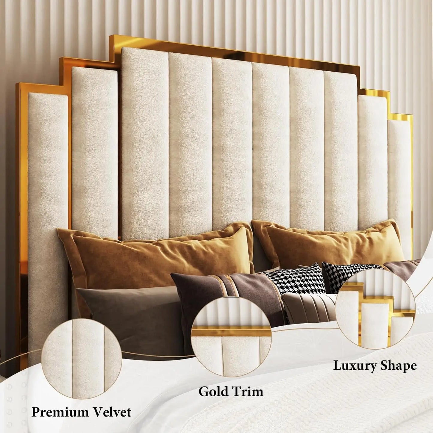 AMERLIFE King Size Upholstered Bed, Modern Velvet Bed Frame with 65.4” Tall Gold Trim Headboard, No Box Spring Needed, Cream