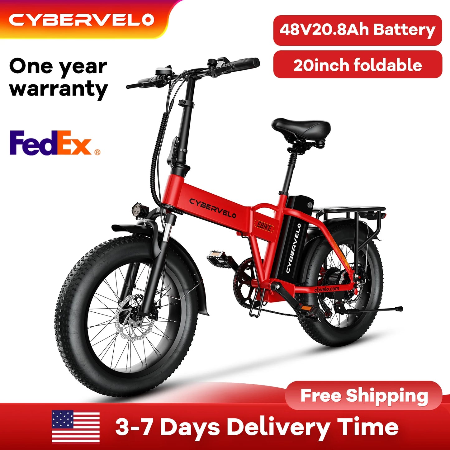 20" Fat tire Foldable Electric Bike,48V 20AH Detachable Battery, Long Range 7-Speed shift Adult Electric Bycicle City Crusier