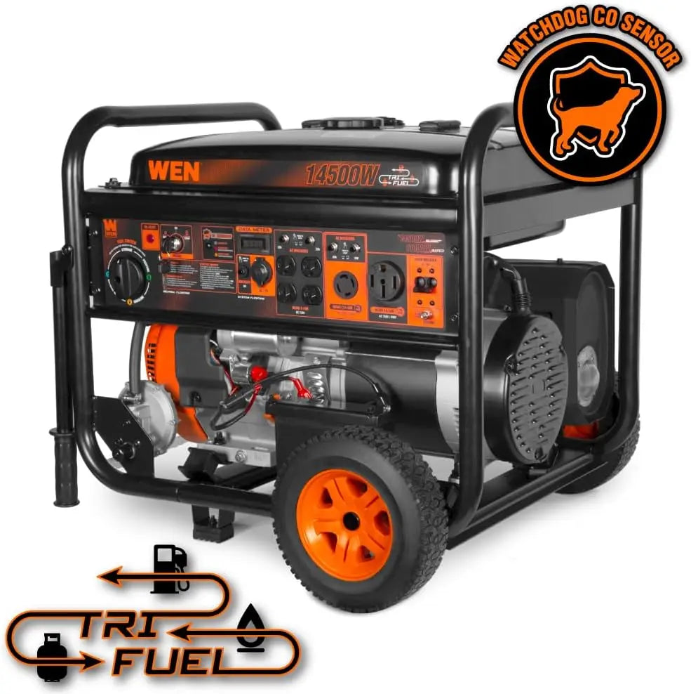 Tri-Fuel Generator 14500W Electric Start with CO Sensor, Wheel Kit, Transfer Switch Ready for Gas Propane Natural Gas