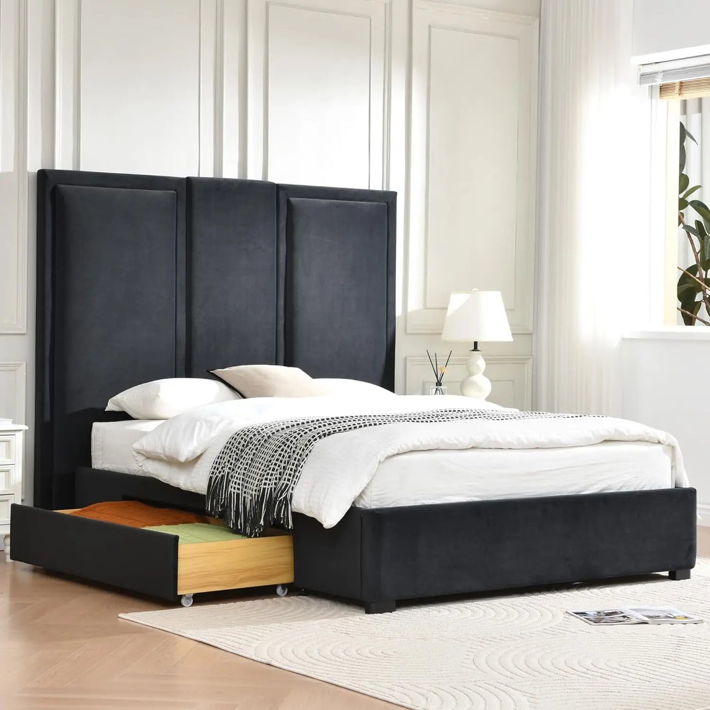 Queen Upholstered Platform Bed Frame with 64in High Headboard Storage Drawers Wood Slat Support No Noise Ink Blue Customized