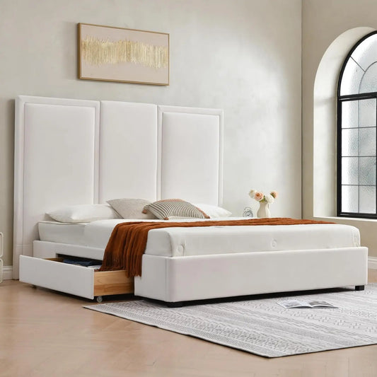 King Size Upholstered Platform Bed Frame with 64in High Headboard Storage Drawers Wood Slat Support No Noise White Customized