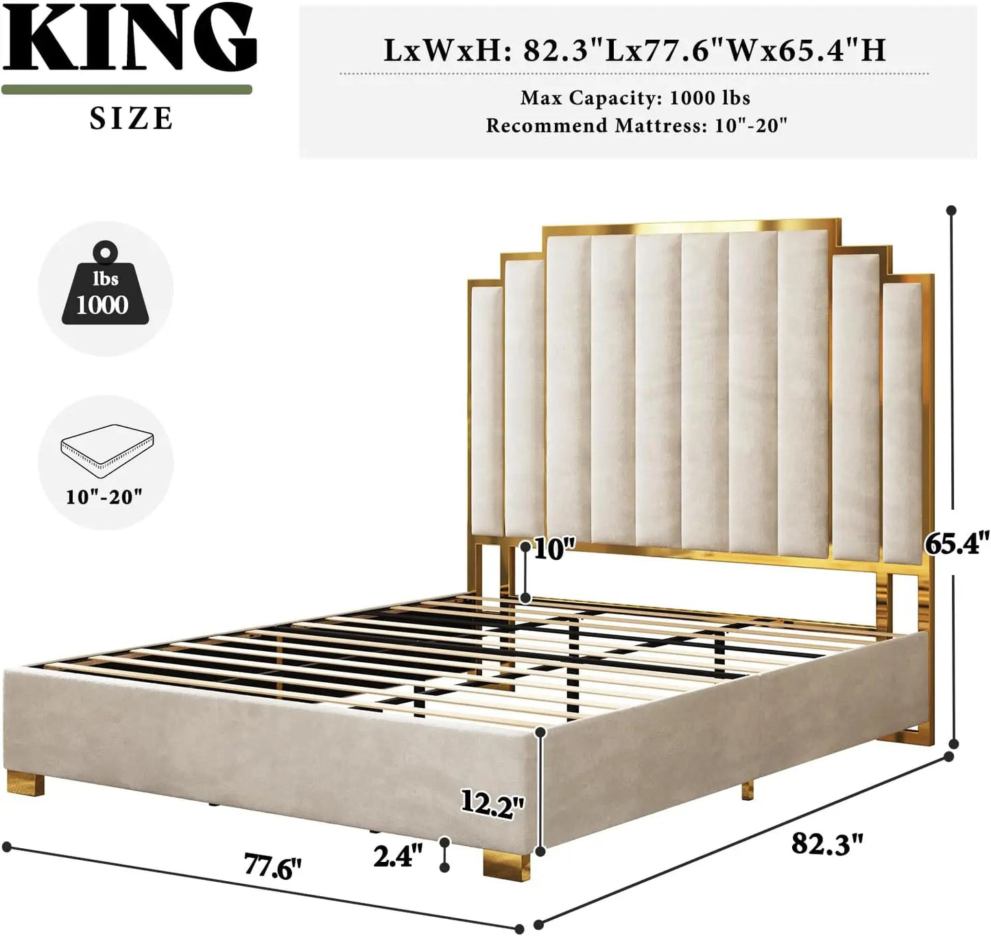 AMERLIFE King Size Upholstered Bed, Modern Velvet Bed Frame with 65.4” Tall Gold Trim Headboard, No Box Spring Needed, Cream