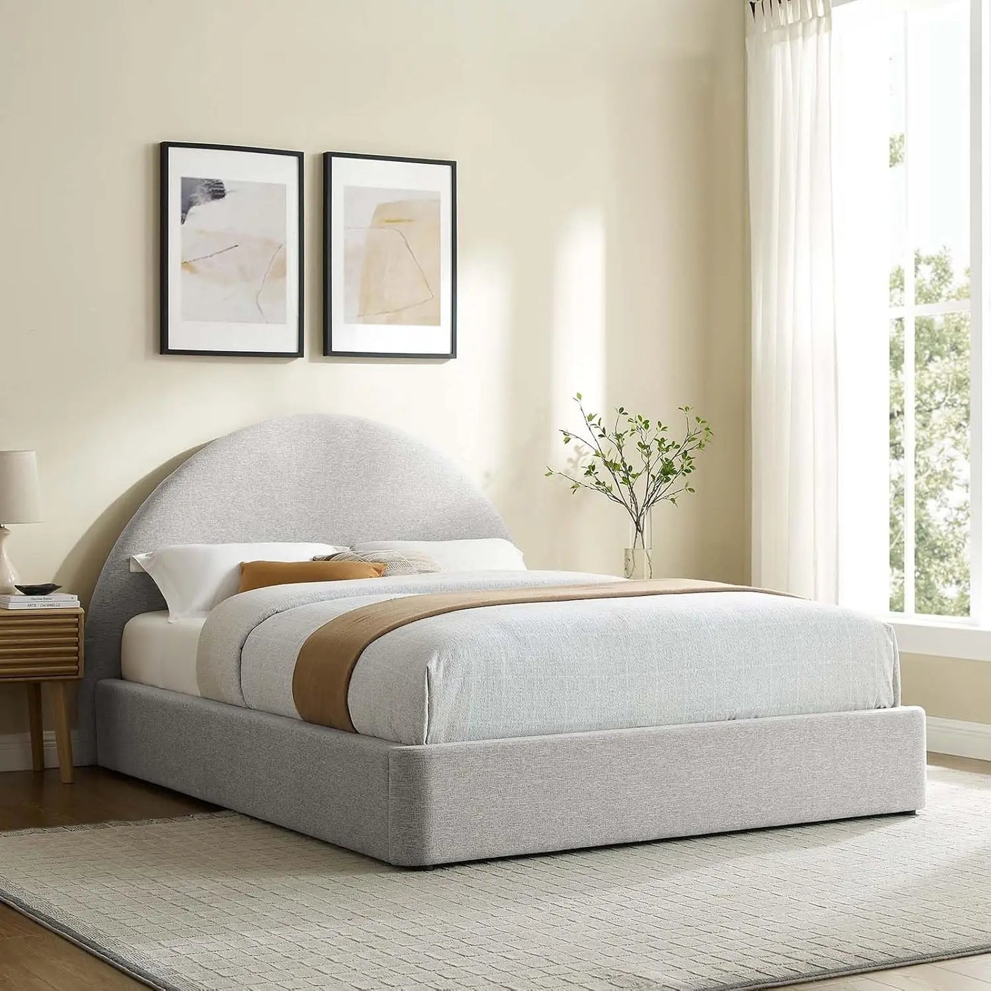 Queen Platform Bed Arch Round Upholstered Headboard Heathered Weave Ivory Fabric Cloud Frame Wood Slats No Box Spring, Custom
