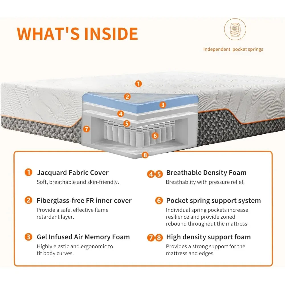 Adjustable Queen Bed Frame - 14" Luxury Gel Memory Foam Hybrid Mattress, 609 Pocket Springs, Massage Function