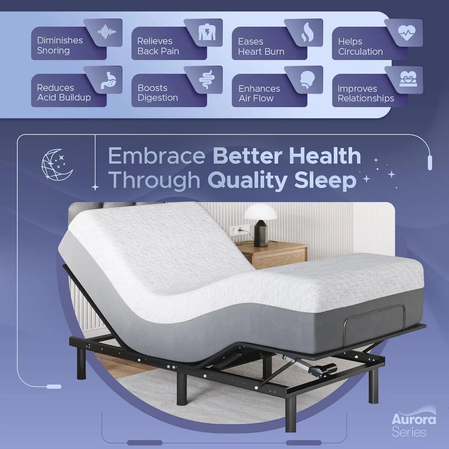 Celestial Aurora Adjustable Bed Base (Frame) + Gel Memory Foam Mattress (Firm), Easy Assembly, Head and Foot, Customized