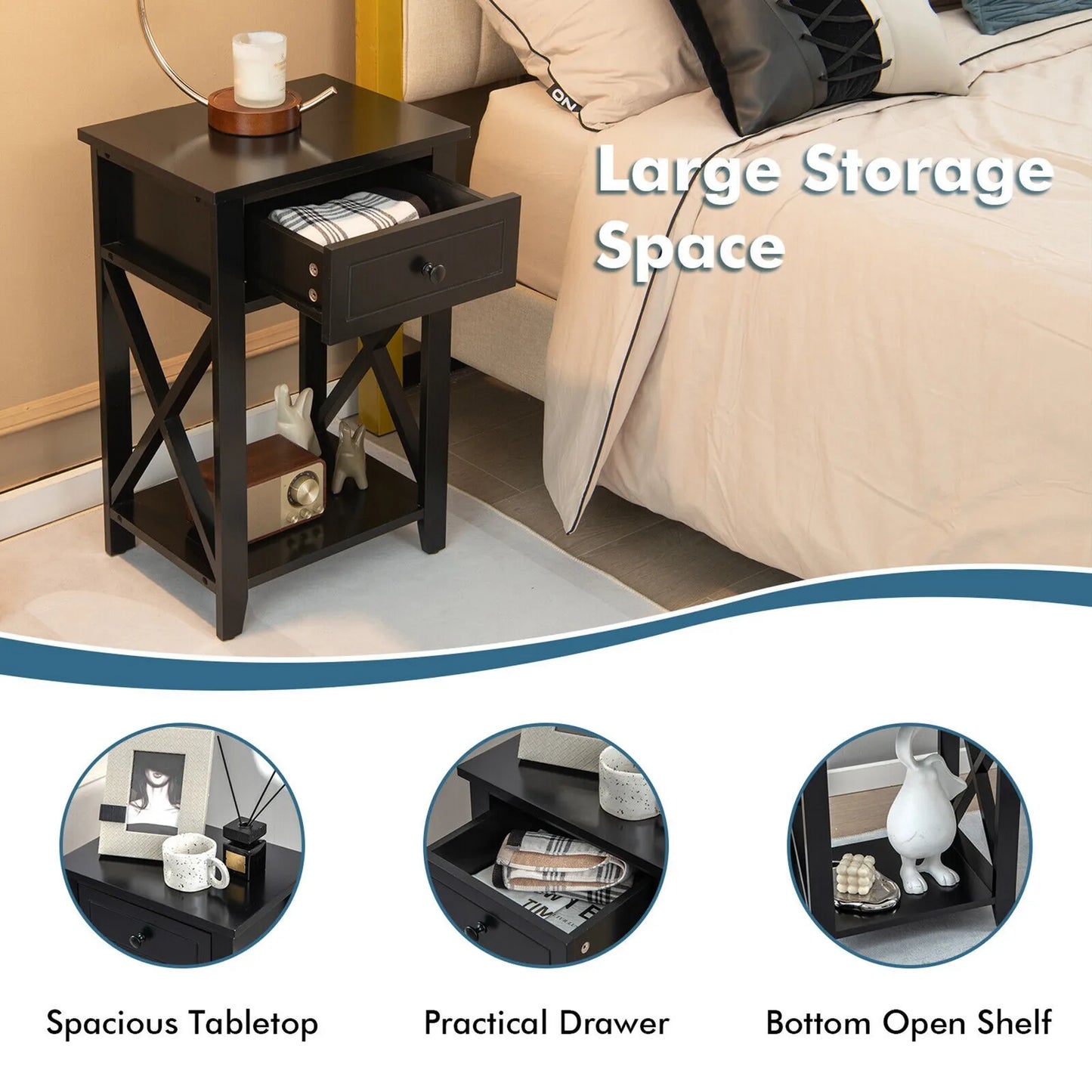 Nightstand Sofa Side End Table X-Design w/ Shelf Drawer Black