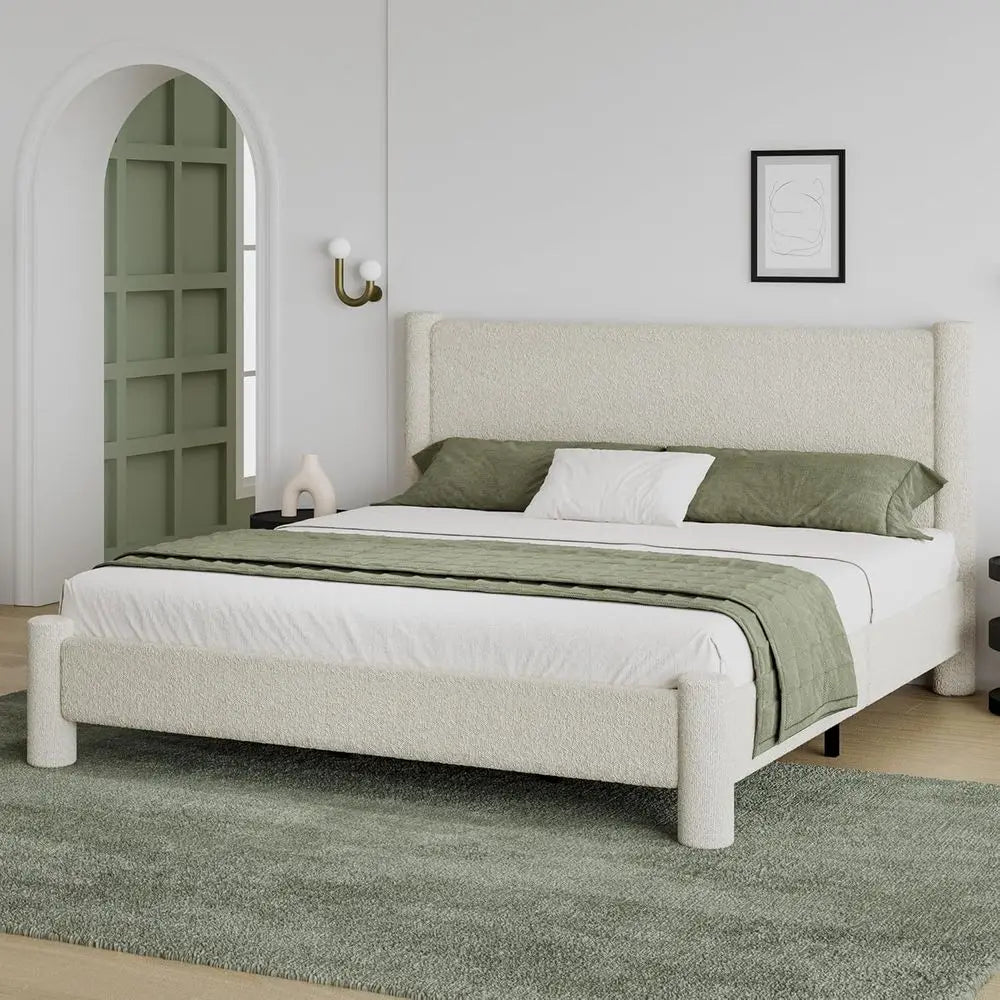 King Size Bed Frame with Tufted Headboard, Rounded Corner Upholstered Platform Bed Frame, No Box Spring Needed, Simple Assembly,