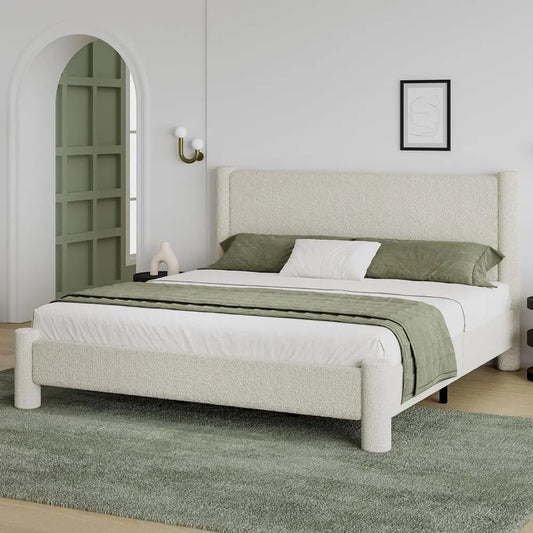 King Size Bed Frame with Tufted Headboard, Rounded Corner Upholstered Platform Bed Frame, No Box Spring Needed, Simple Assembly,