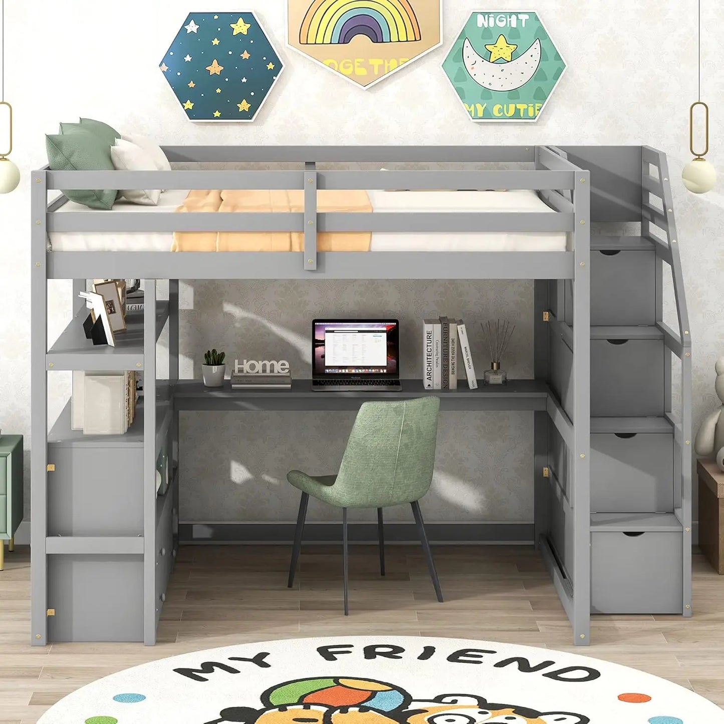 Full Size Loft Bed with Desk, Wood Full Loft Bed Frame with Shelves, 2 Built-in Drawers and Storage Staircase, Gray, Customized