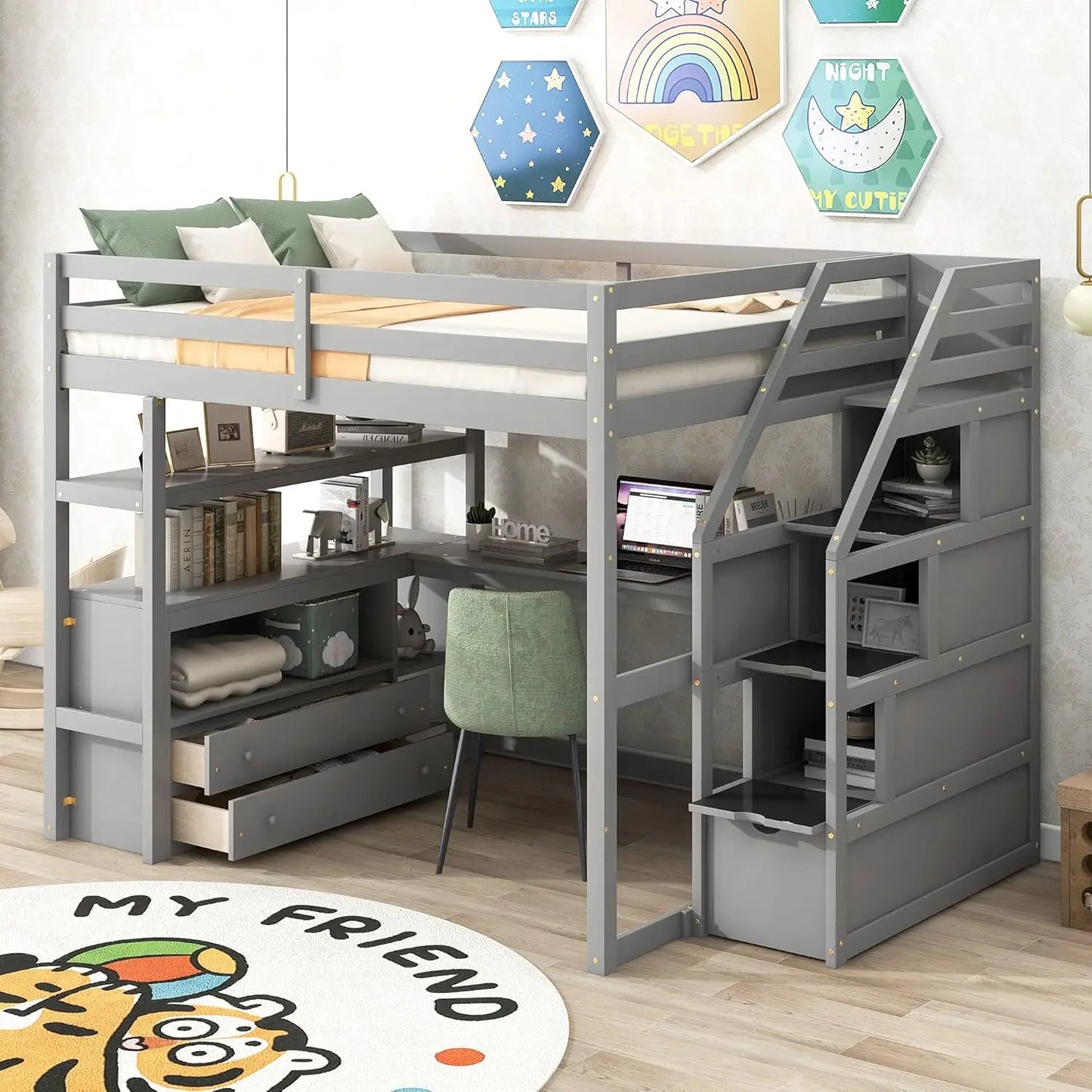 Full Size Loft Bed with Desk, Wood Full Loft Bed Frame with Shelves, 2 Built-in Drawers and Storage Staircase, Gray, Customized
