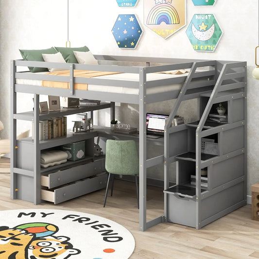 Full Size Loft Bed with Desk, Wood Full Loft Bed Frame with Shelves, 2 Built-in Drawers and Storage Staircase, Gray, Customized