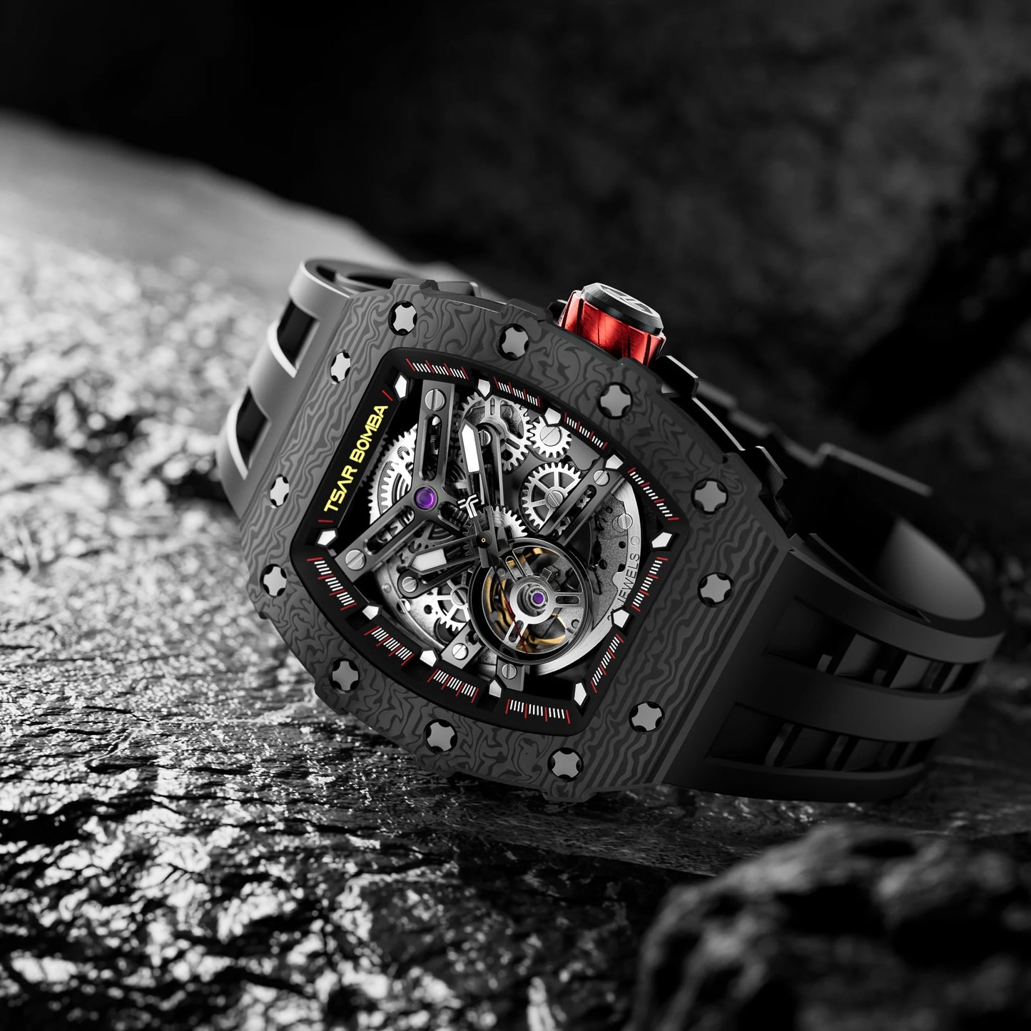 TSAR BOMBA Men's Automatic Mechanical Watch  Tonneau Shaped Skeleton Wristwatch 50M Water Resistance Sapphire Crystal Gift
