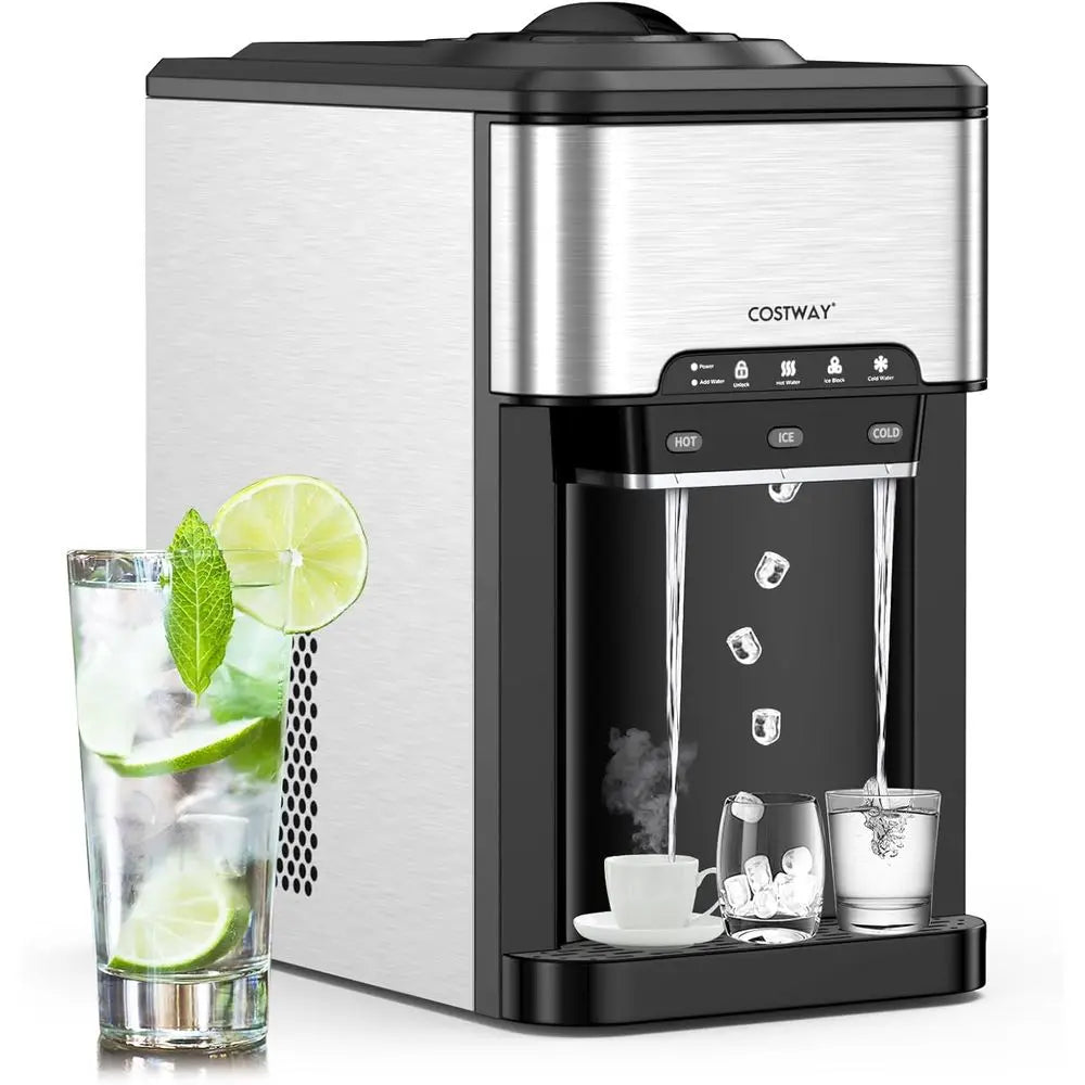 3-in-1 Countertop Water Dispenser with Ice Maker, Fits 3-5 Gallon Bottles, Hot/Cold, 48 lbs/day, 12 Ice Cubes, 4 lbs Basket