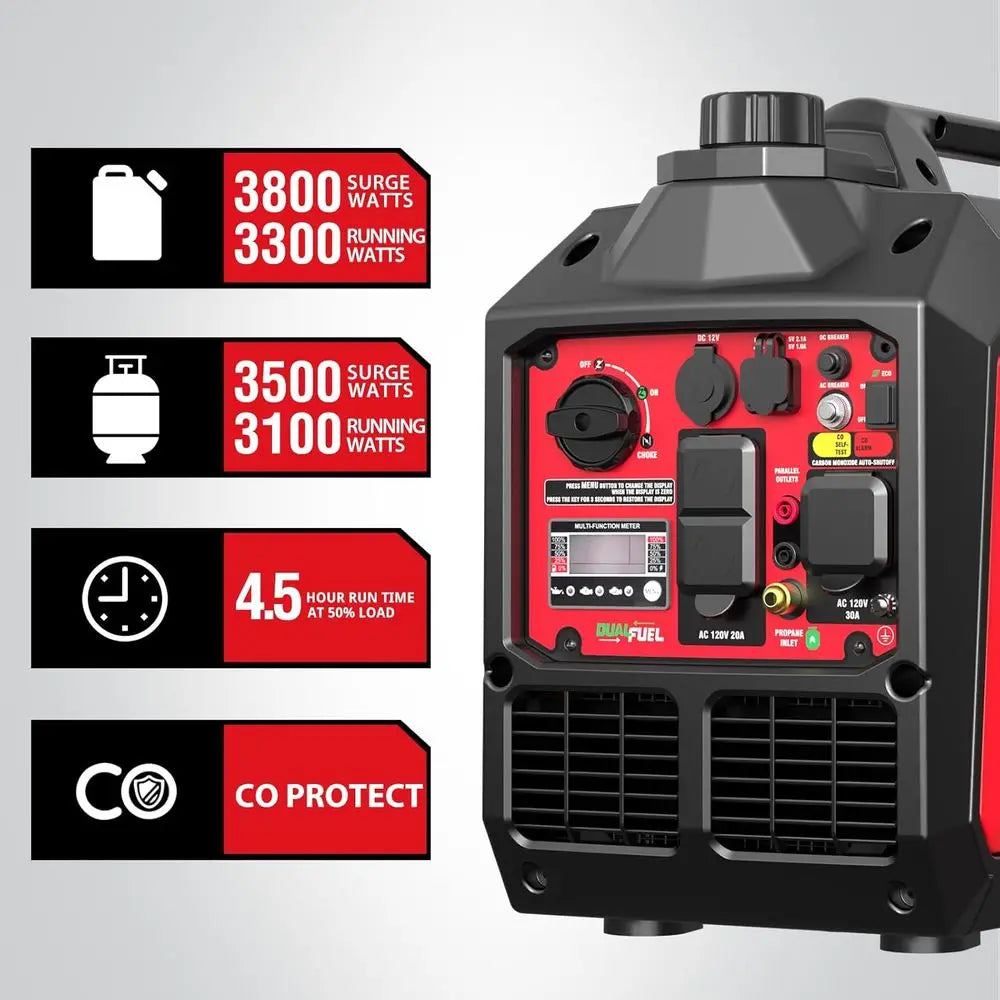 3800 Watt Dual uel Inverter Generator, Quiet Portable Gas Propane Powered with CO Sensor and RV Outlet, 149cc 4-Ste OHV Engine o