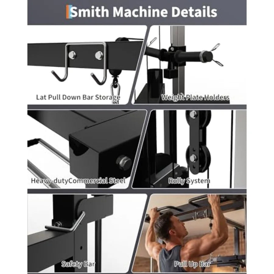 Smith Machine with Bench Heavy Duty Power Cage Squat Rack with Smith Bar LAT Pulldown System Chest Station More Training Attach