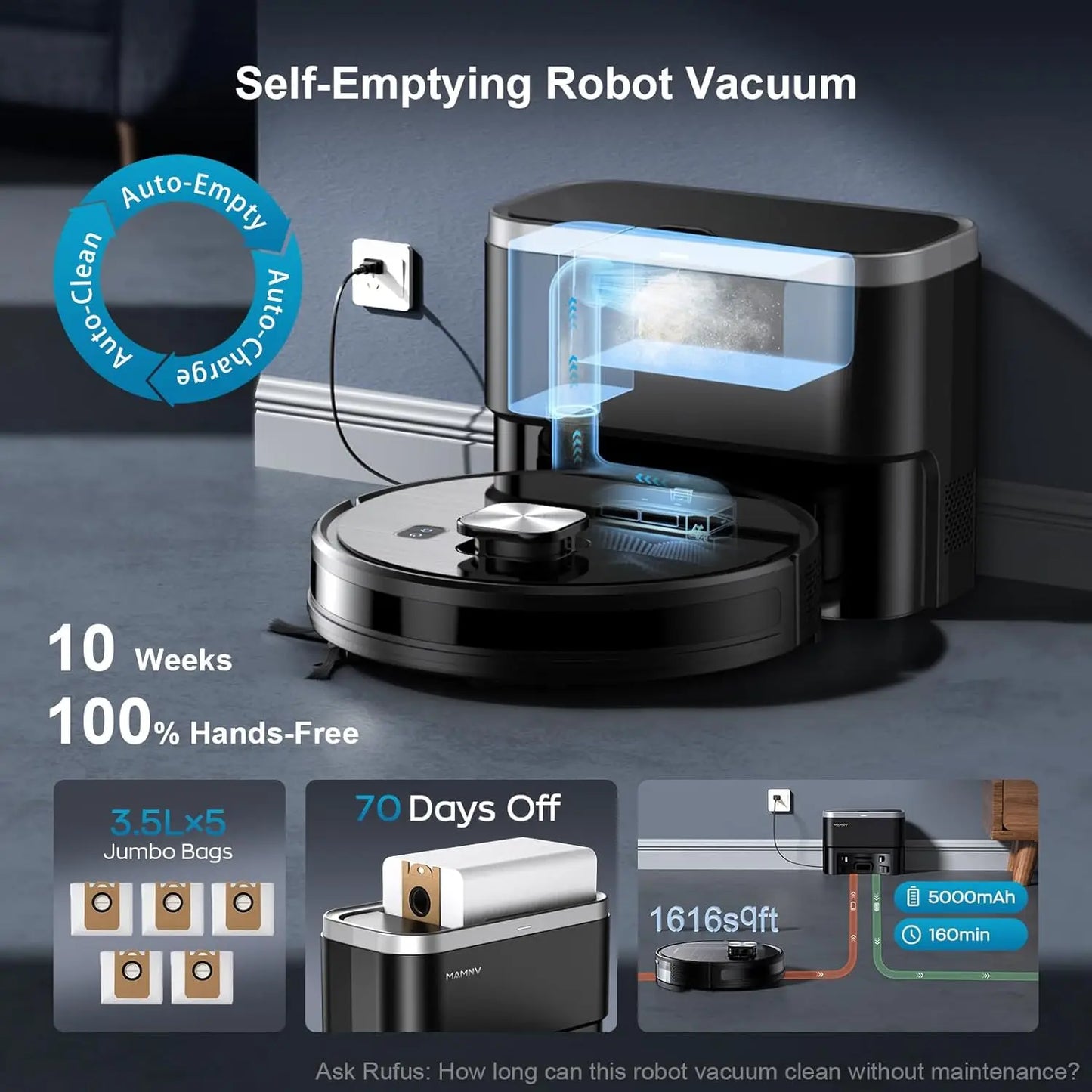 Self-Emptying Robot Vacuum and Mop Combo with 11500Pa Suction, 70-Day Capacity, LiDAR Navigation for Pet Hair and Floors