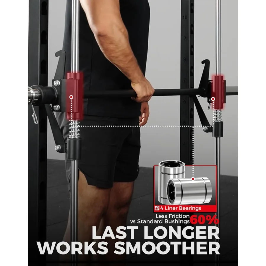 Smith Machine Home Gym Power Cage 1:1 Ratio Strength Trainer (Space Saving Design) (with 8 Free Attachments) Squat Rack for Ful
