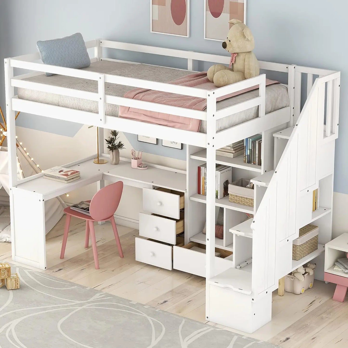 Twin Size Loft Bed with L-Shaped Desk and Stairs, Solid Wood Loft Bed Frame with Storage Drawers and Bookcase, for, Customized