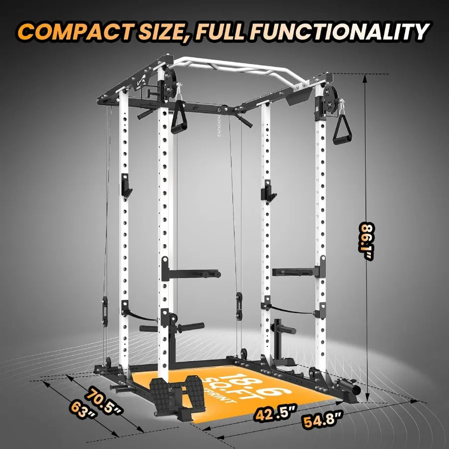 Power Cage 2000 LBS MultiFunction Power Rack with LAT Pull Down Pulley System Strength Training Squat Rack with Cable CrossOver