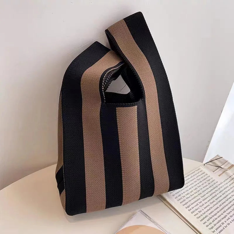 Women'S Knot Wrist Bag Tote Handmade Knitted Bag Portable Mini Striped Bucket Phone Bags Large Capacity Spring Summer Handbags