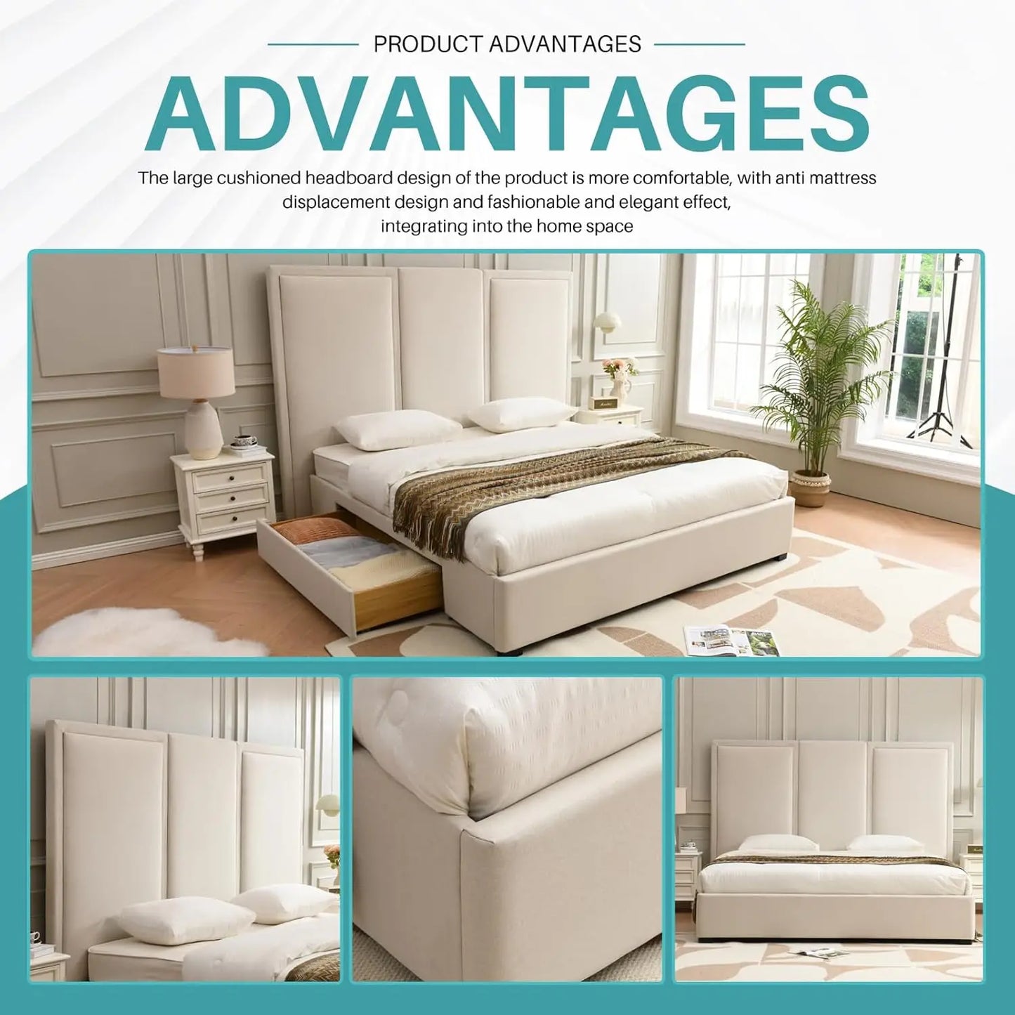King Size Upholstered Platform Bed Frame with High Headboard Storage Drawers Wood Slat Support No Noise, Customized