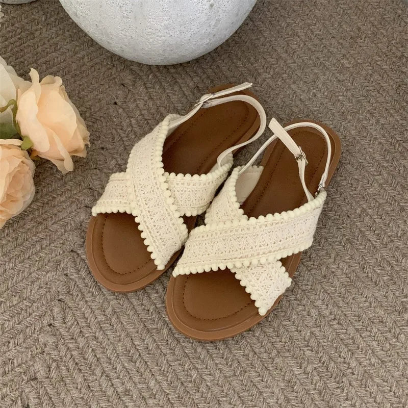 2024 Fashion Women Sandals Ladies Flat Roma Heels Knitted Summer Sandals Outside Cross Tied Leather Female Slides Woman Sandals