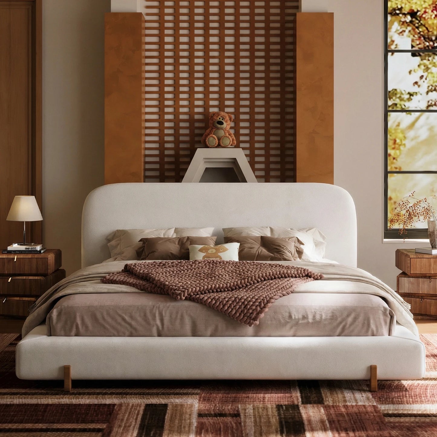 King Size Cloud Bed Frame, White Upholstered Platform Bed Frame with Soft Headboard, Wood Solid Legs, No B，Easy Assembly