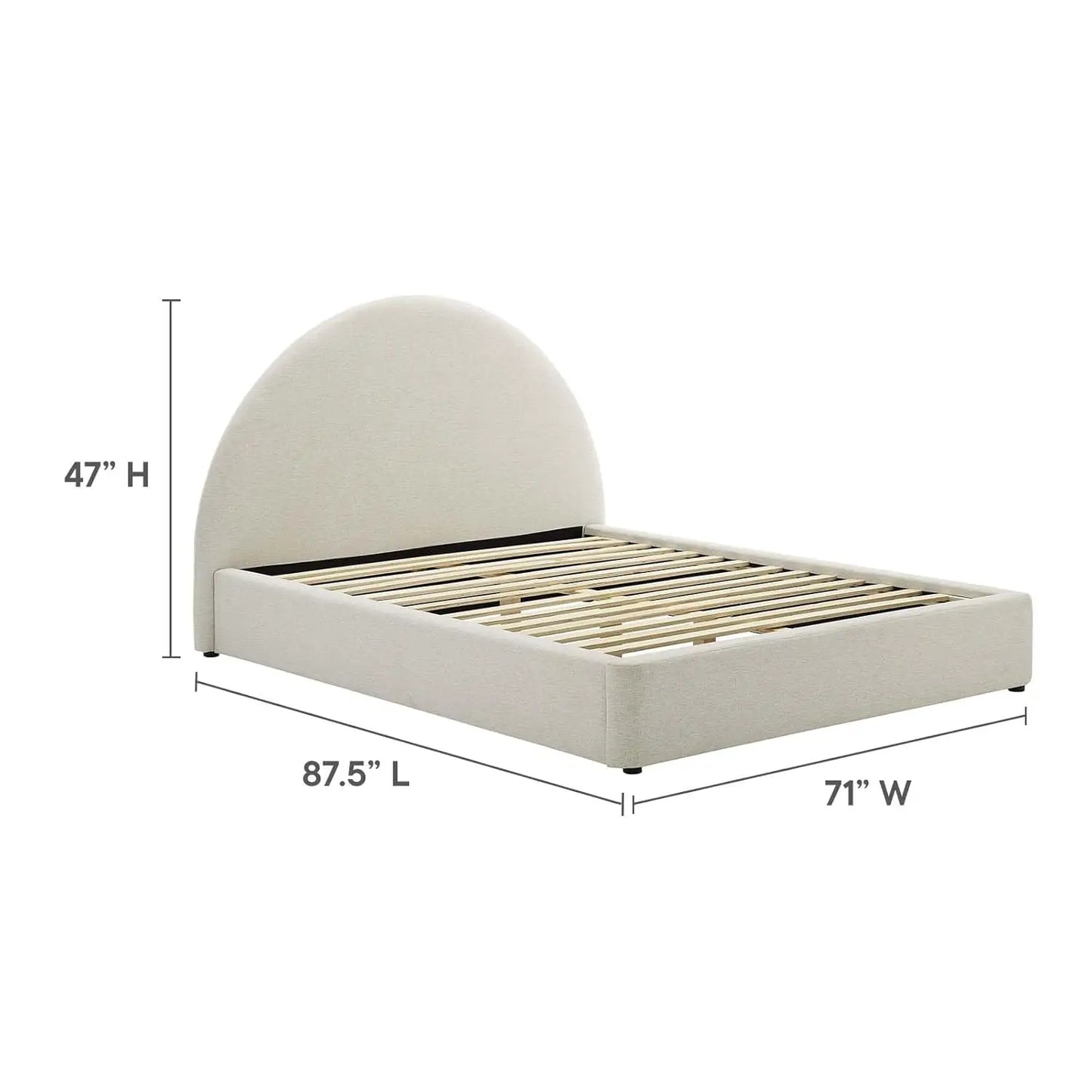 Queen Platform Bed Arch Round Upholstered Headboard Heathered Weave Ivory Fabric Cloud Frame Wood Slats No Box Spring, Custom